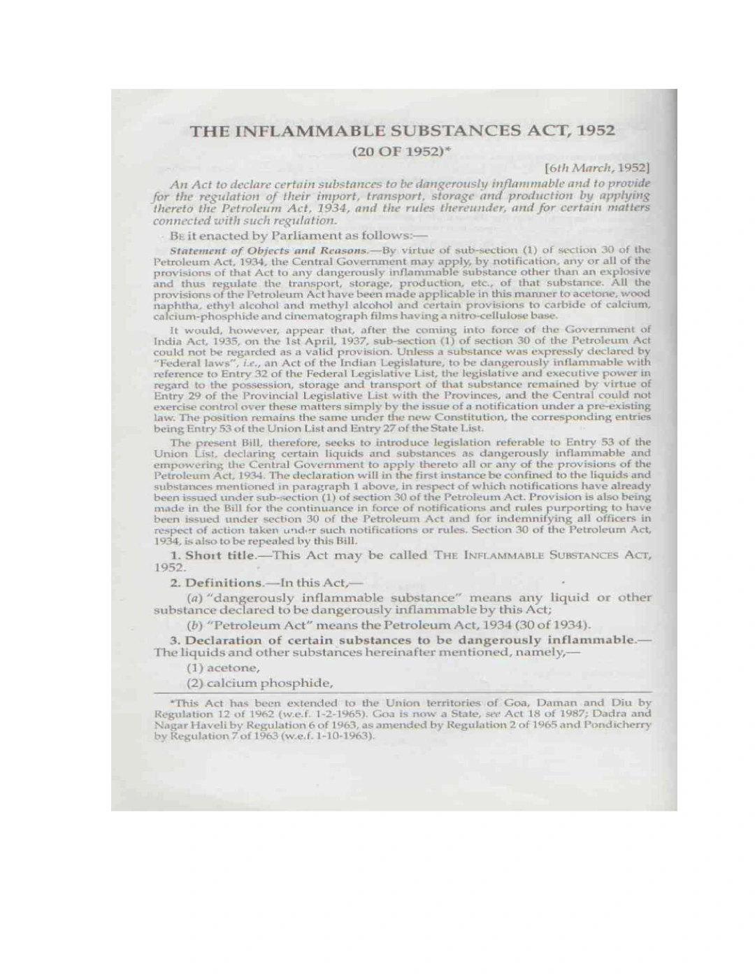 Inflammable Substances Act, 1952