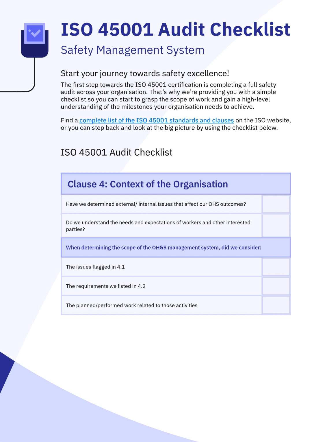 ISO 45001 Audit Checklist – Occupational Health and Safety Management System