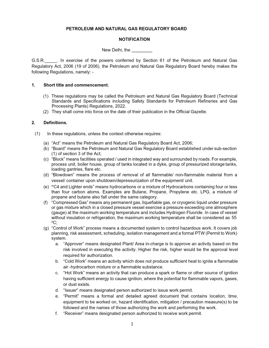 PNGRB Technical Standards and Specifications Including Safety Standards for Petroleum Refineries and Gas Processing Plants Regulations, 2022