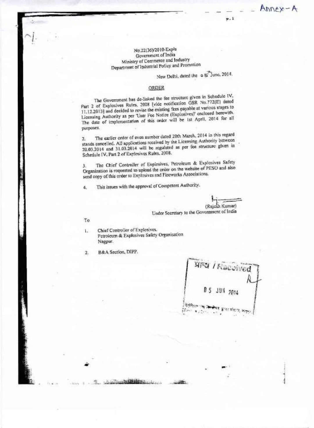 PESO Licensing Fees and User Fee Framework: Explosives Rules, Gas Cylinders Rules, Petroleum Rules, Ammonium Nitrate Rules, SMPV Rules and Calcium Carbide Rules