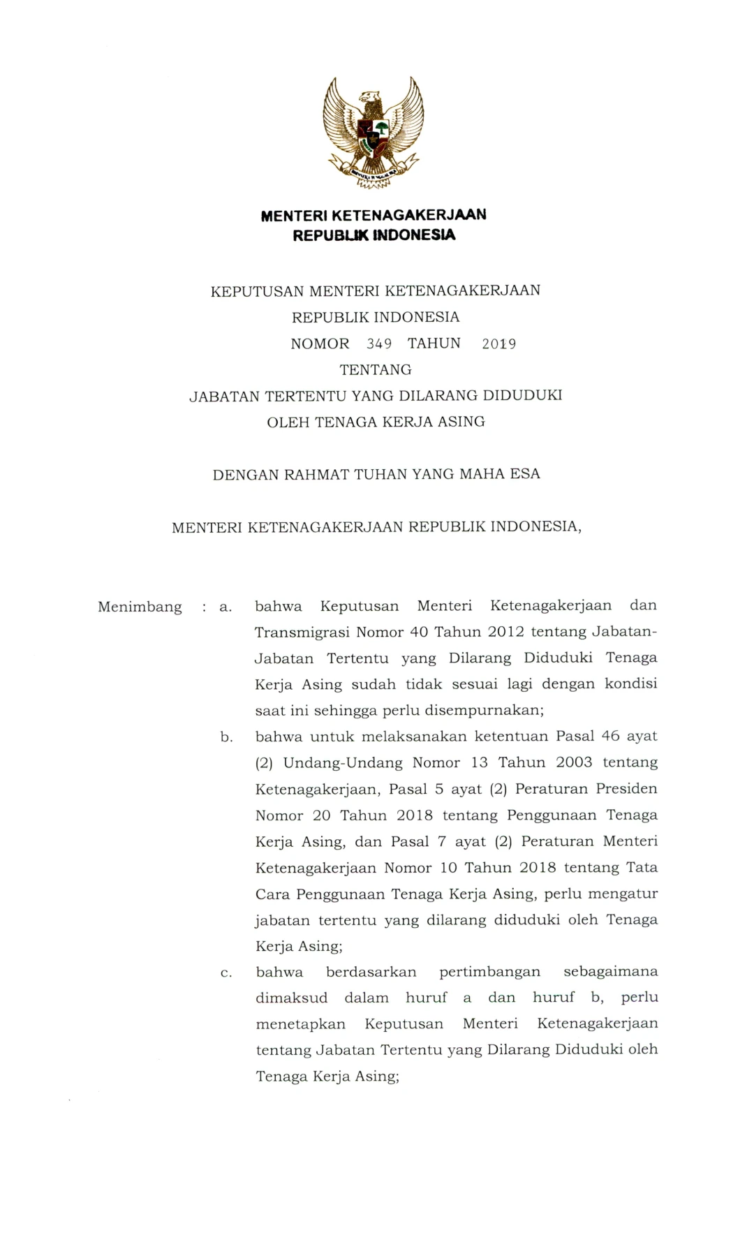 Keputusan Menteri Ketenagakerjaan Nomor 349 Tahun 2019 tentang Jabatan Tertentu yang dilarang diduduki oleh Tenaga Kerja Asing