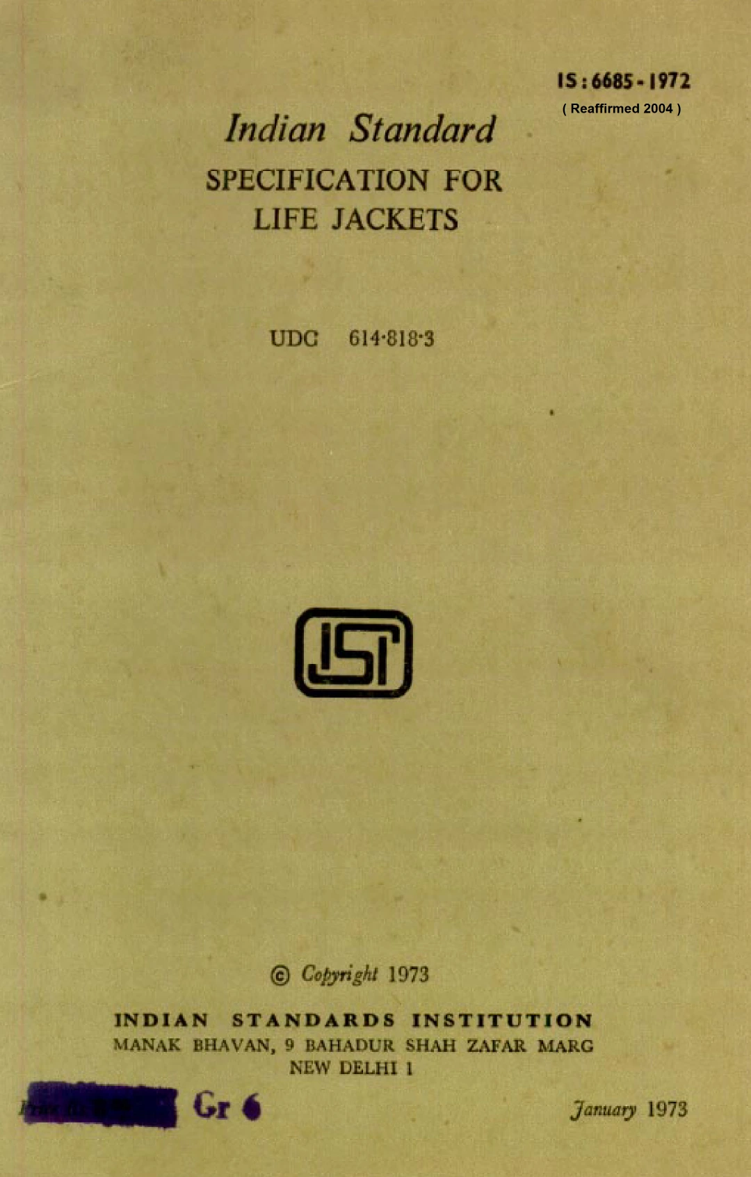 IS 6685:1972 – Life Jackets – Specification