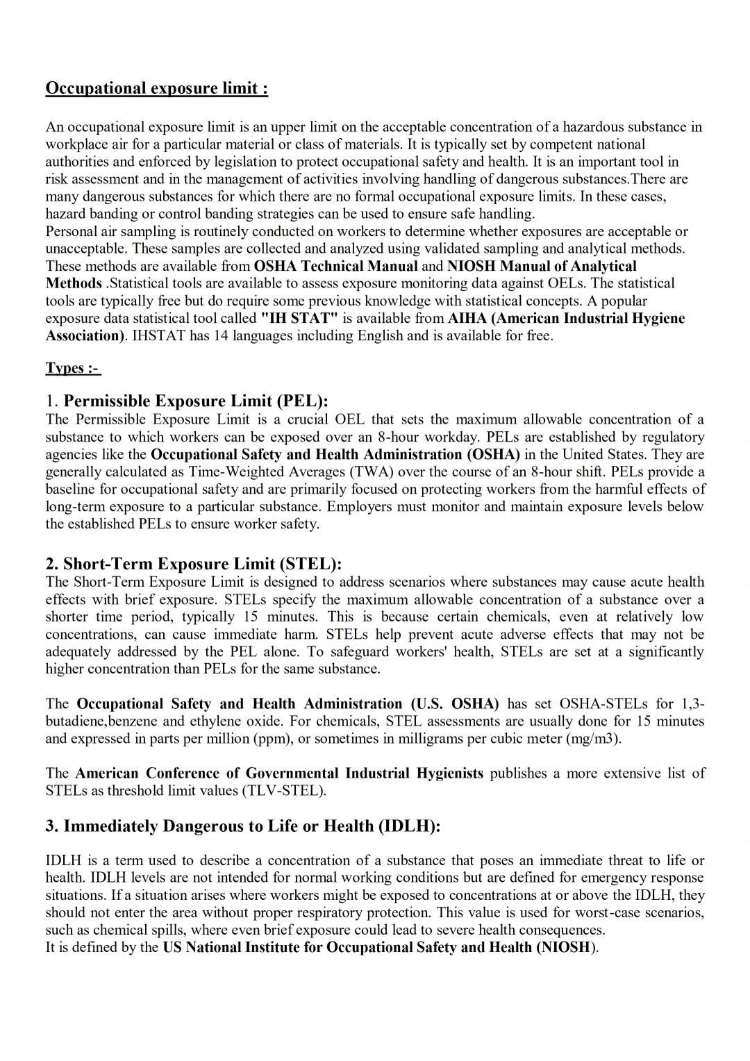 Occupational Exposure Limits (OELs) – PEL, STEL, IDLH, TWA, Ceiling Limits & Exposure Banding
