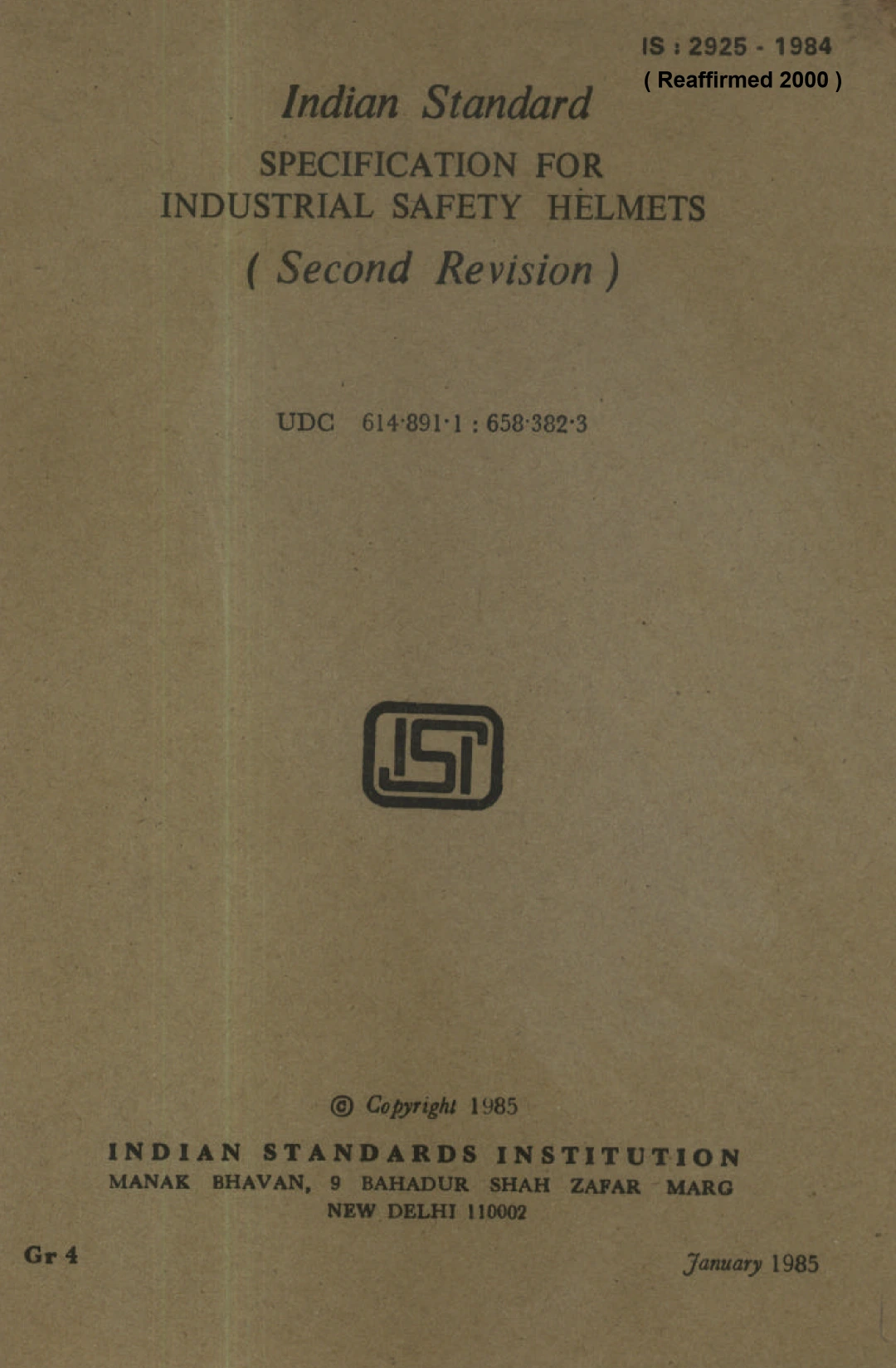 IS 2925:1984 – Specification for Industrial Safety Helmets (Second Revision)