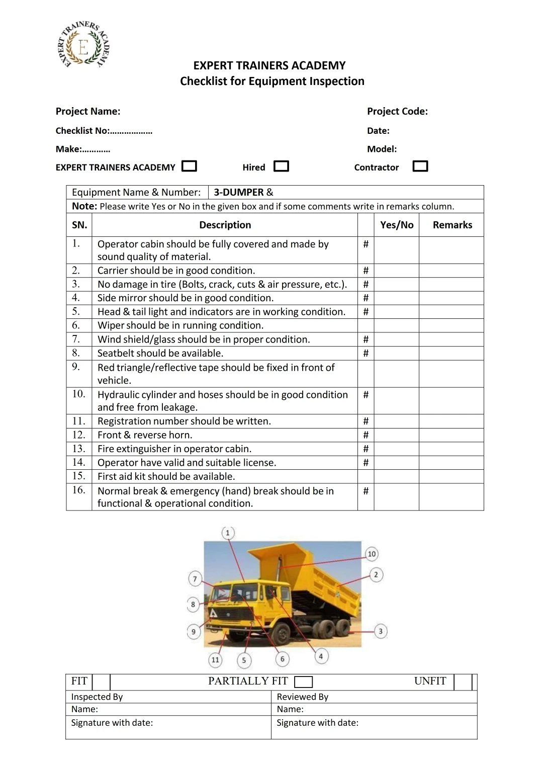 Equipment Inspection Checklist – Construction Equipment, Heavy Machinery and Tools