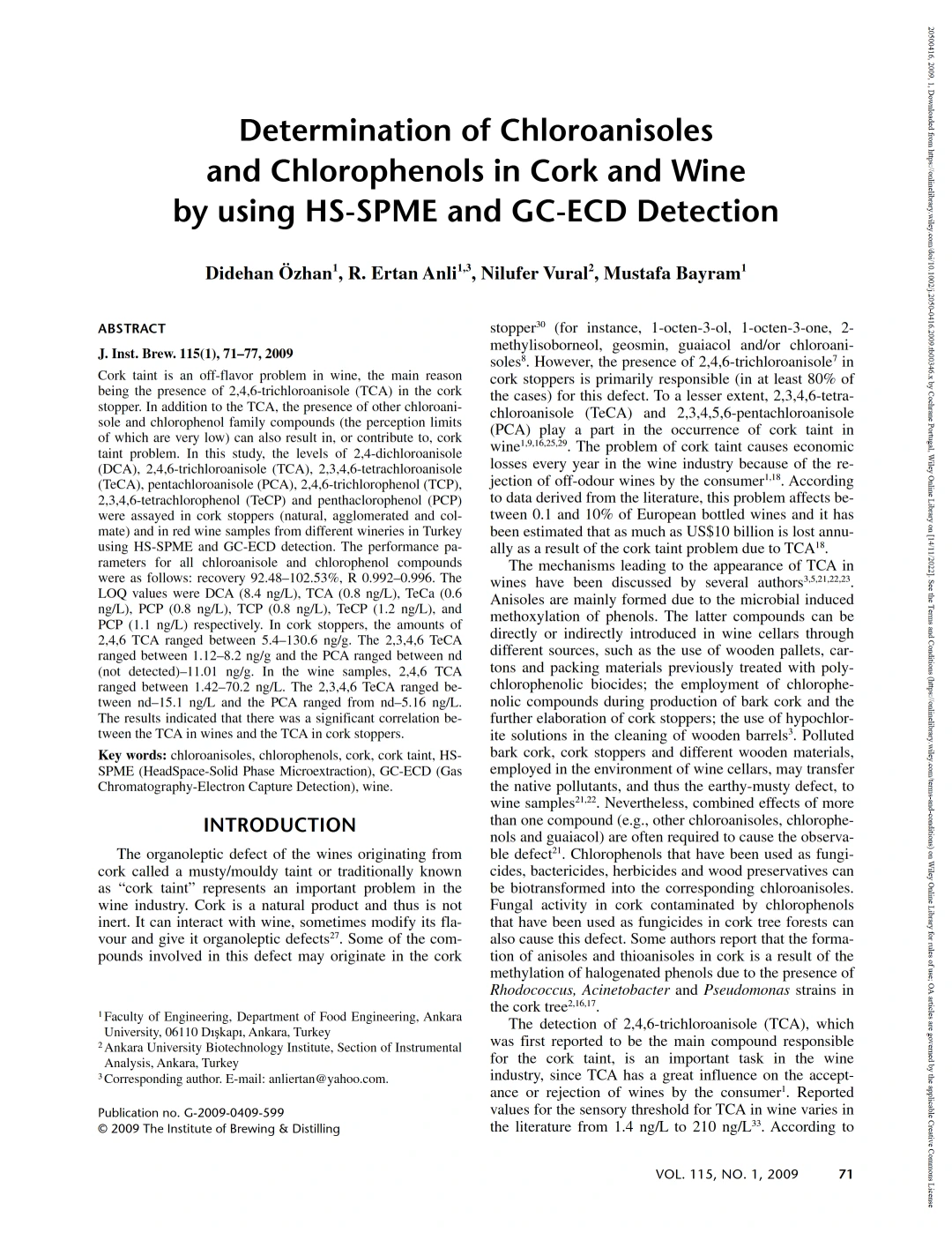 Determination of Chloroanisoles and Chlorophenols in Cork and Wine by using GC ECD