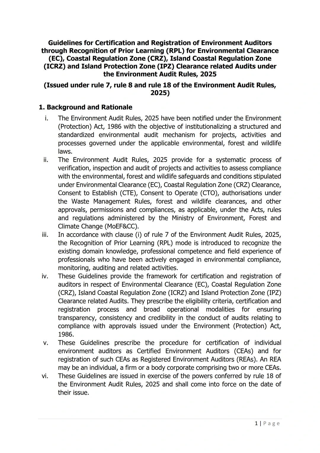 Guidelines issued under the Environment Audit Rules, 2025 establishing the Recognition of Prior Learning (RPL) framework for certification and registration of Environment Auditors for Environmental Cl