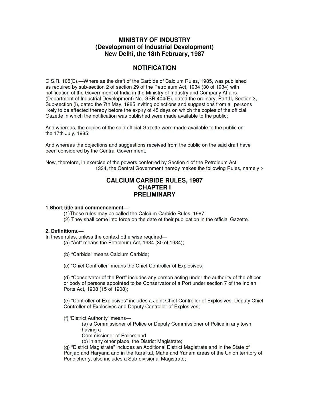 Calcium Carbide Rules, 1987