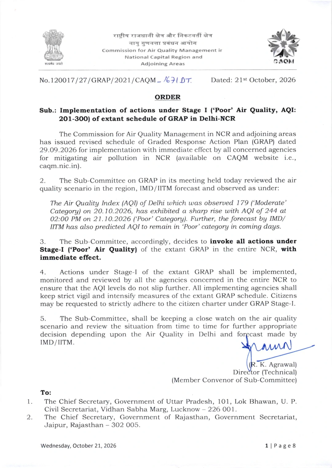 GRAP Stage-I Order for Delhi-NCR – 21 October 2026