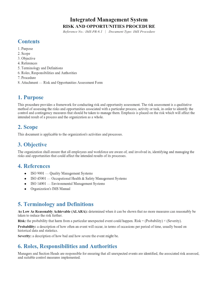 RISK AND OPPORTUNITIES PROCEDURE