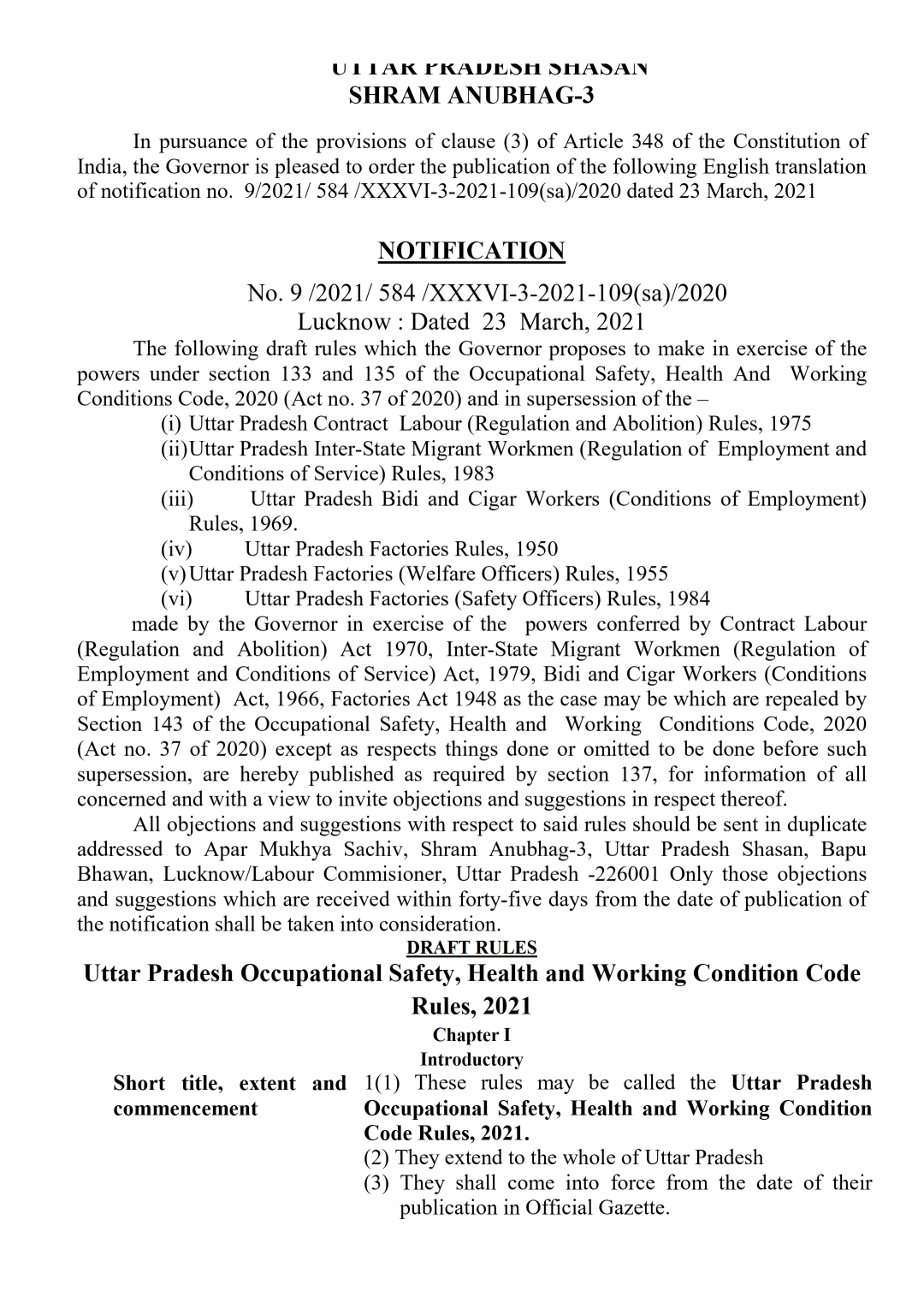Uttar Pradesh Occupational Safety, Health and Working Conditions (OSHWC) Rules, 2021 (Draft)