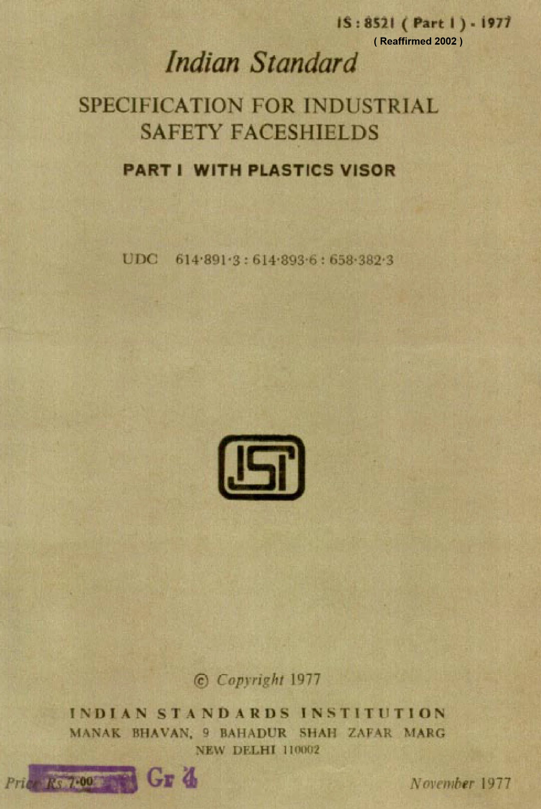 IS 8521 (Part 1):1977 Industrial Safety Faceshields (Part 1) With Plastics Visor