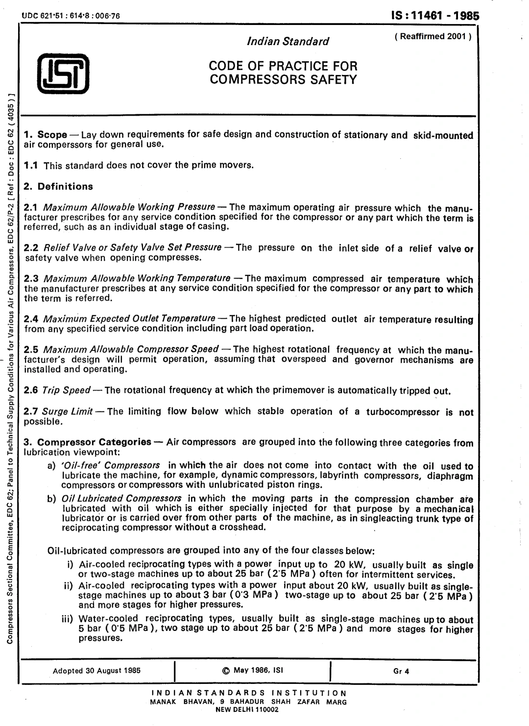 IS 11461:1985 – Code of Practice for Compressor Safety