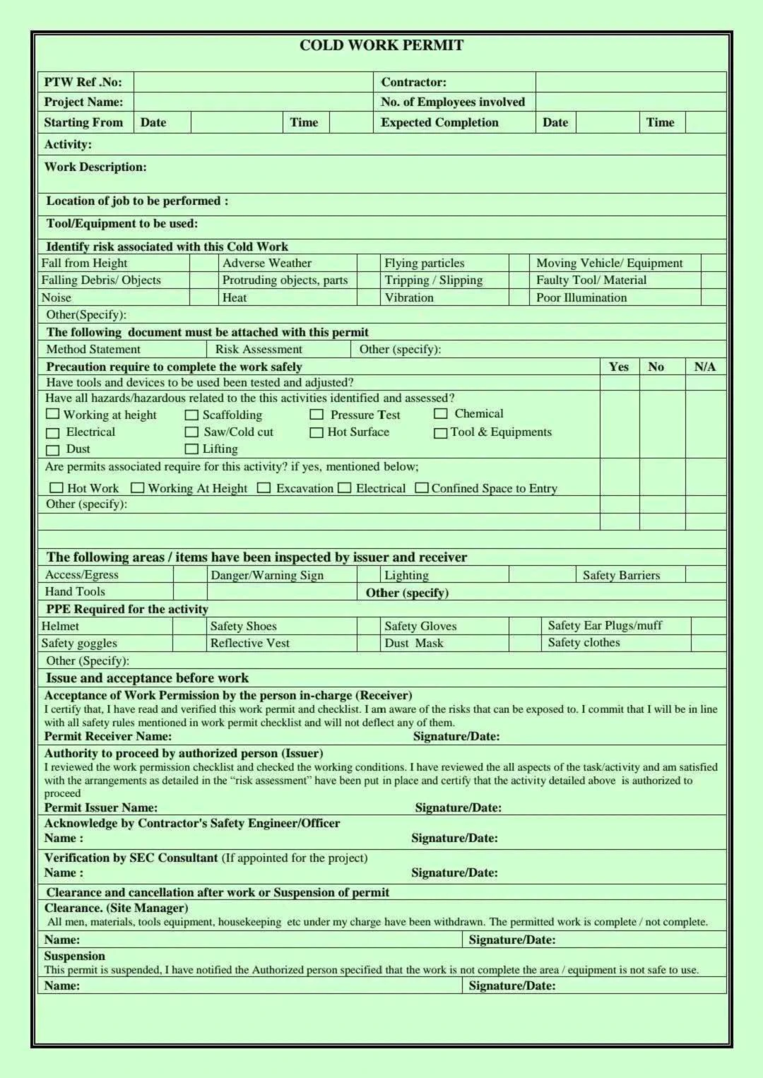 Permit to Work (PTW) Forms – Hot Work, Cold Work, Confined Space, Electrical, Excavation, Lifting and Work at Height