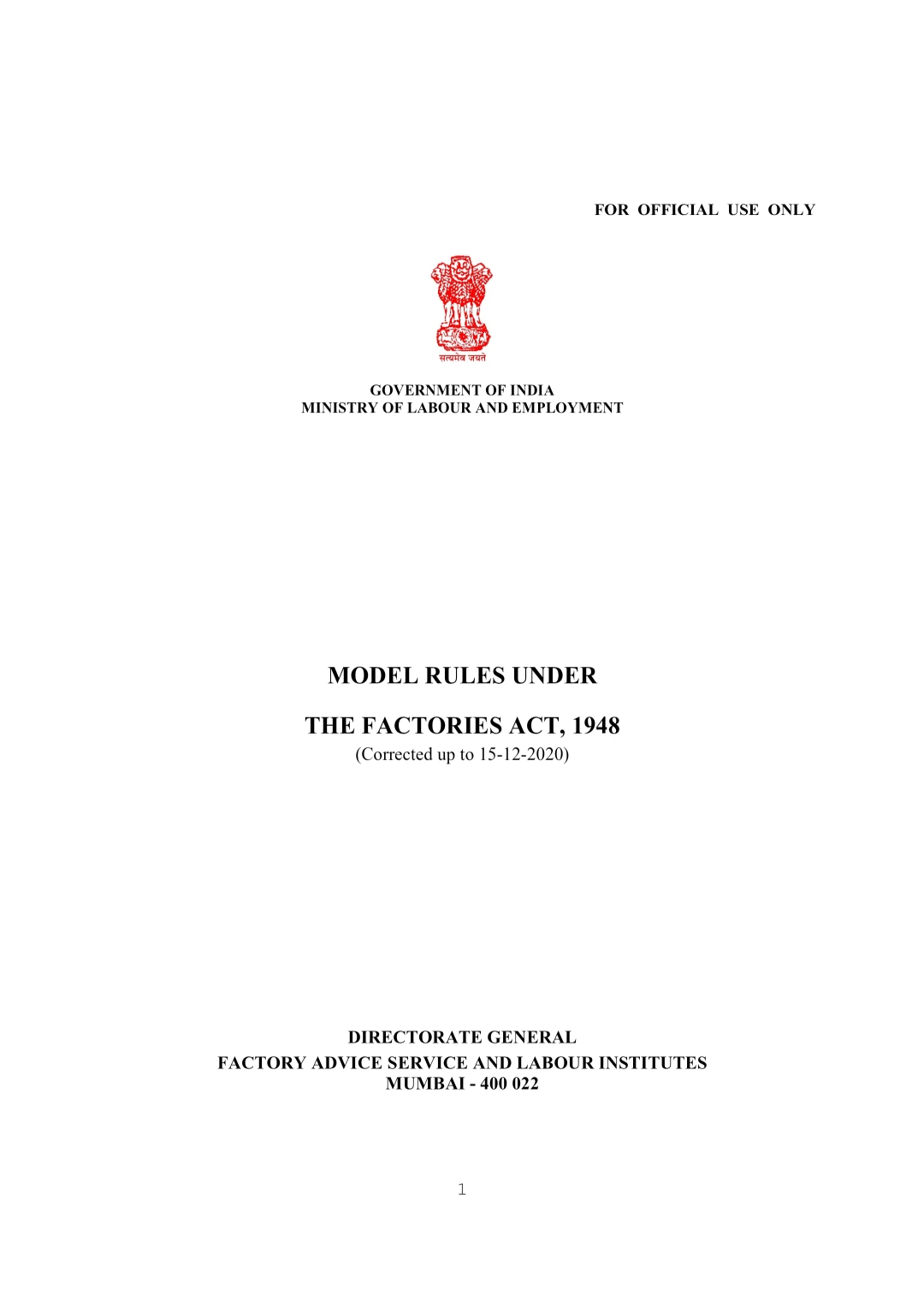 Model Rules Under the Factories Act, 1948 (Corrected up to 15-12-2020)