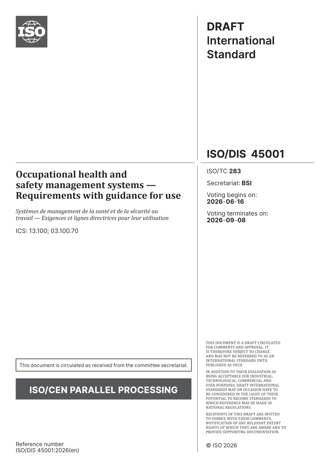 ISO/DIS 45001:2026 – Occupational Health and Safety Management Systems | Draft International Standard