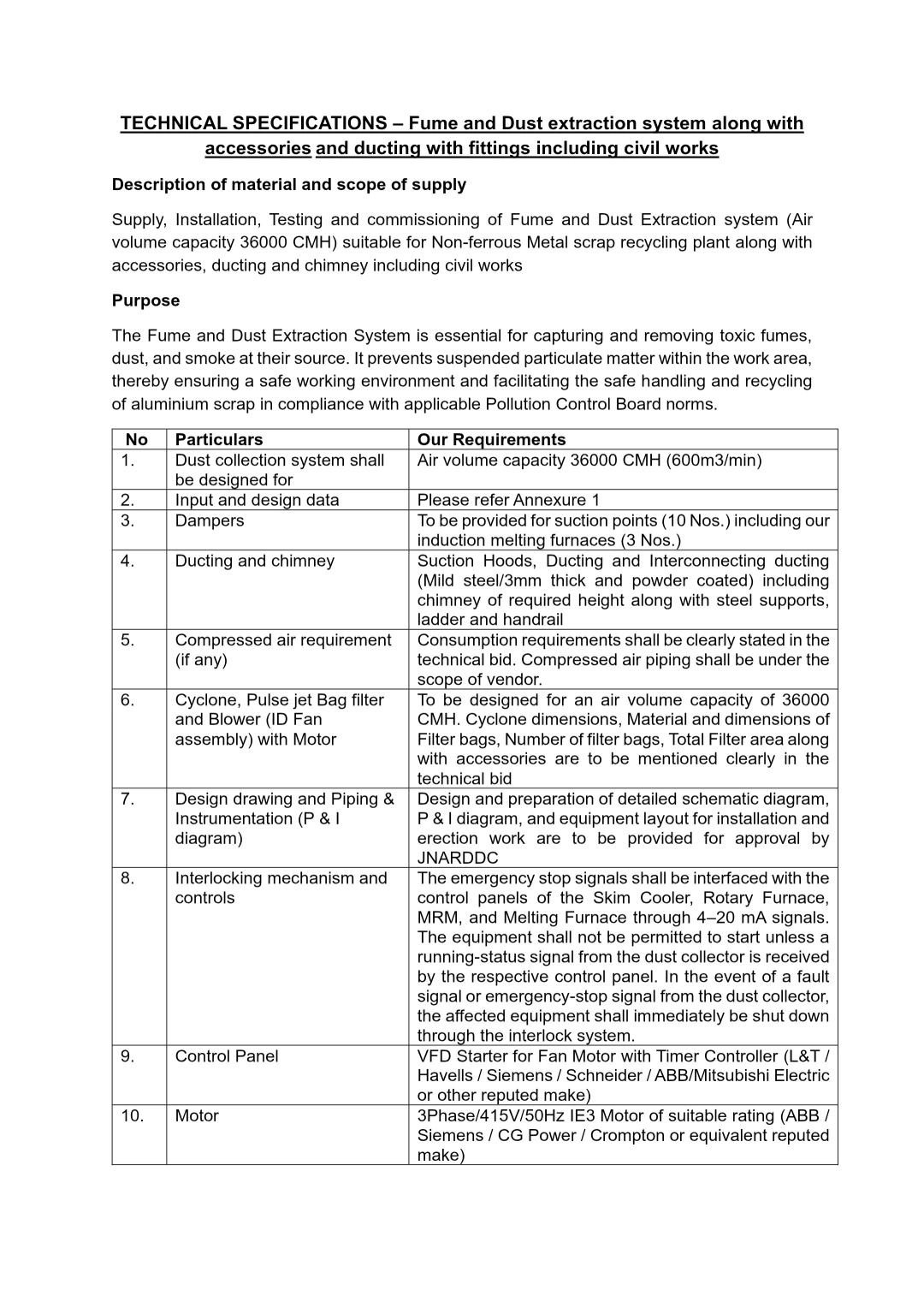 Technical Specifications for Fume and Dust Extraction System – Non-Ferrous Metal Scrap Recycling Plant