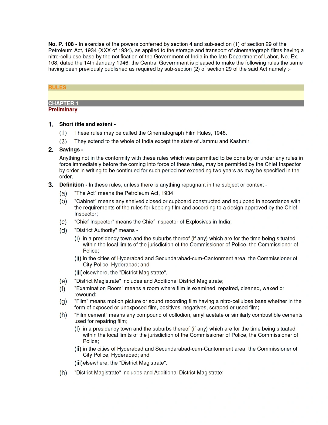 Cinematograph Film Rules, 1948: Safety Regulations for Storage, Handling and Transport of Nitro-Cellulose Motion Picture Films