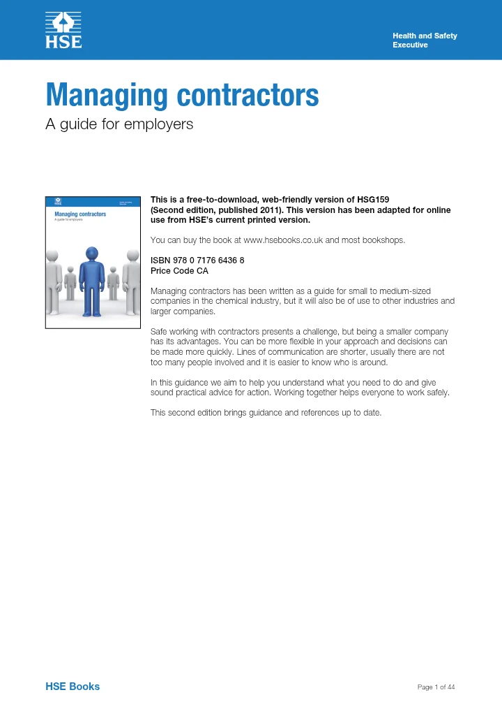 Managing Contractors – A Guide for Employers (HSG159)