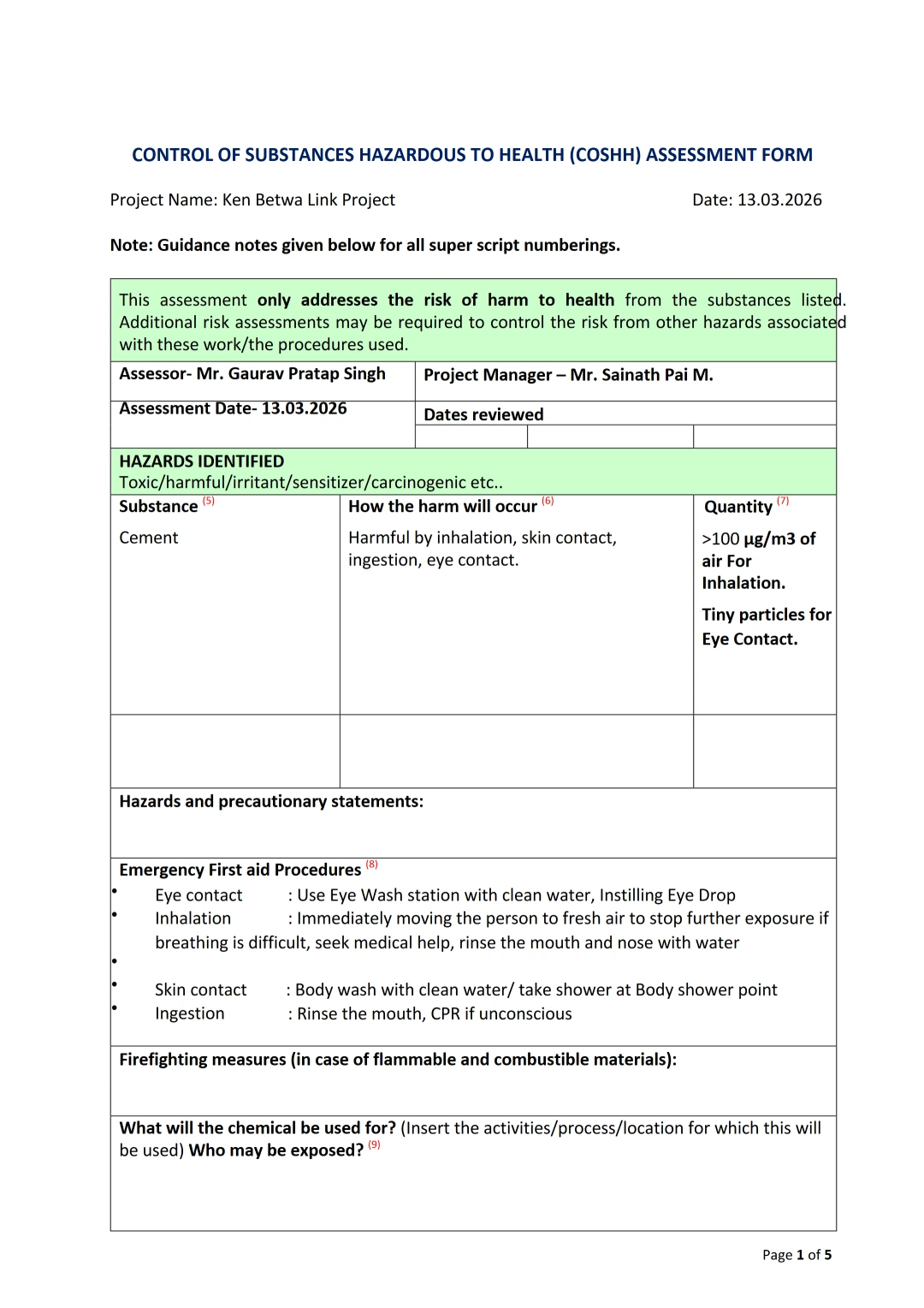 Control of Substances Hazardous to Health (COSHH) Assessment Form – Cement