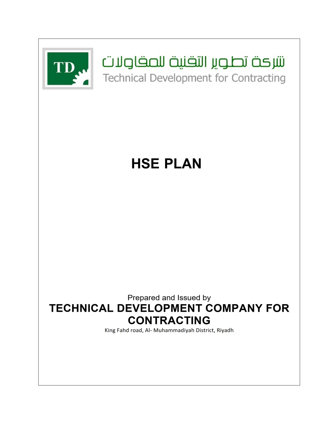 Health, Safety and Environment (HSE) Plan for Construction and Site Operations